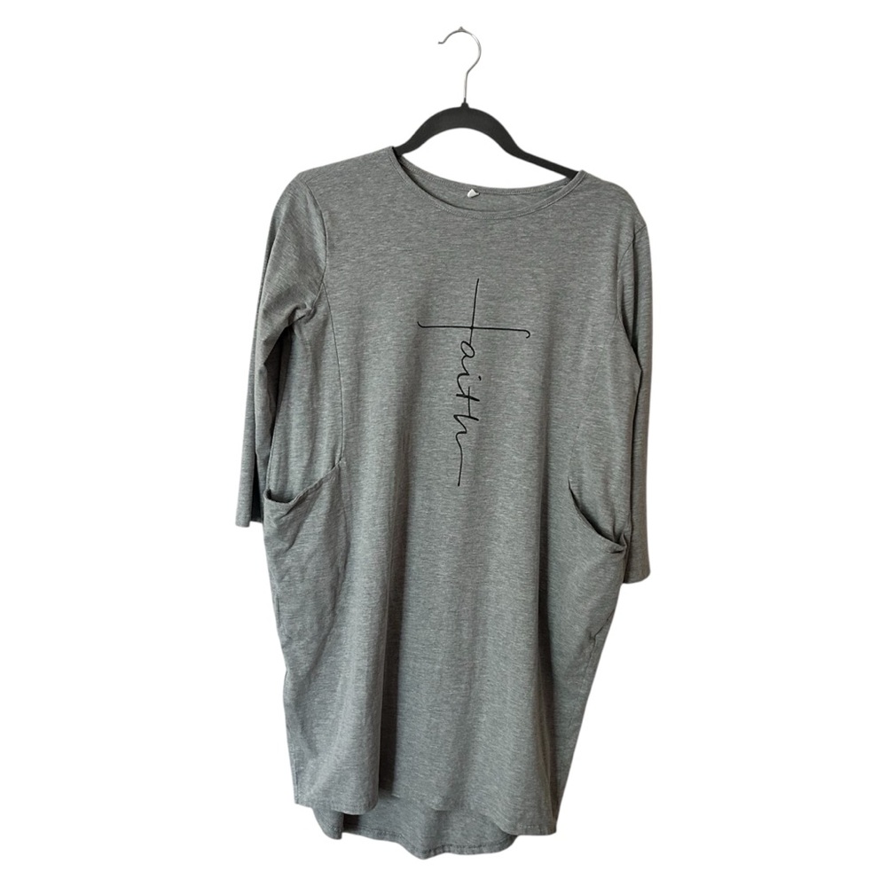 gray graphic “faith” dress